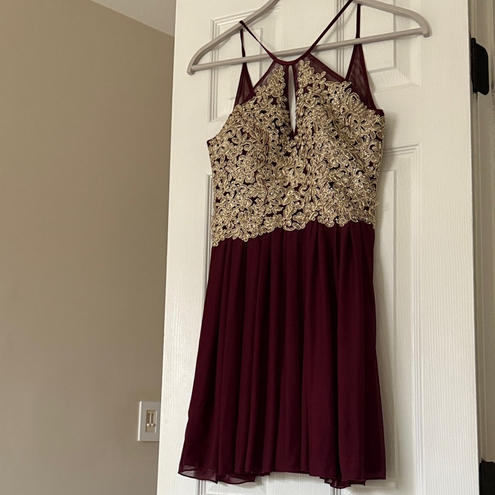 Elegant Burgundy and Gold Lace Dress